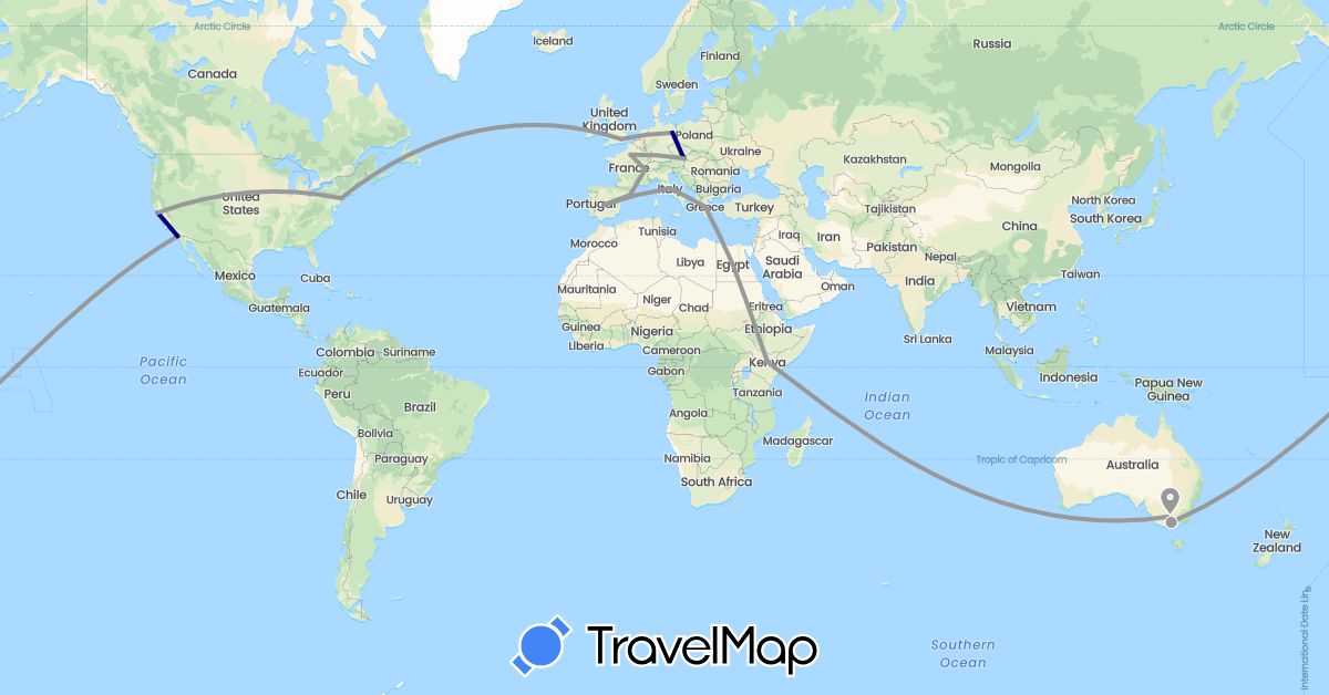 TravelMap itinerary: driving, plane in Austria, Australia, Switzerland, Germany, Egypt, Spain, France, United Kingdom, Greece, Italy, Kenya, United States (Africa, Europe, North America, Oceania)